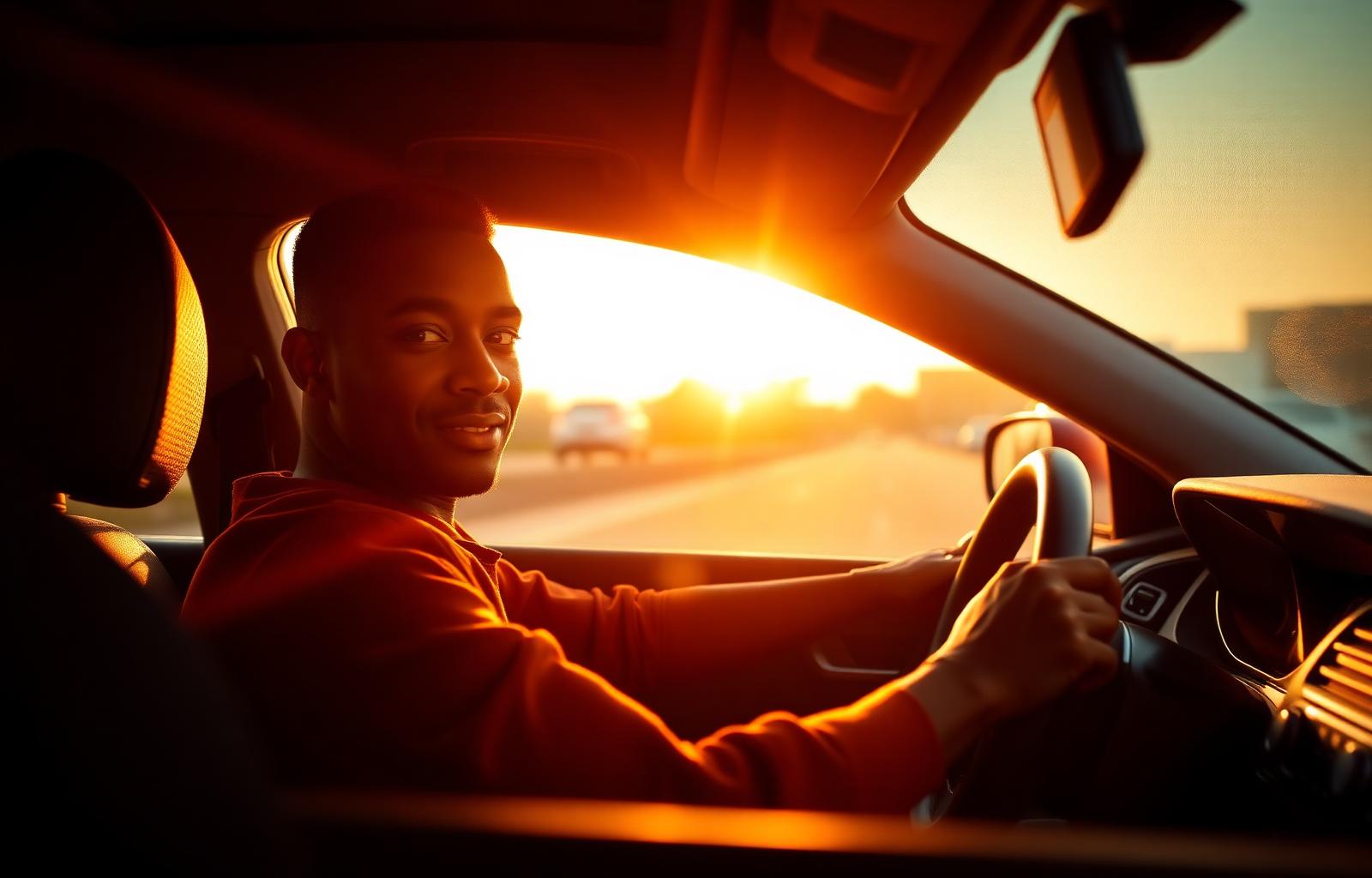 Confident driver behind the wheel at golden hour
